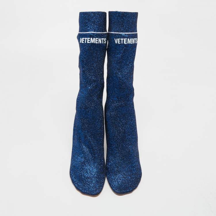 Pre Owned Vetements Blue Glitter Fabric Sock Mid Calf Boots Size 40