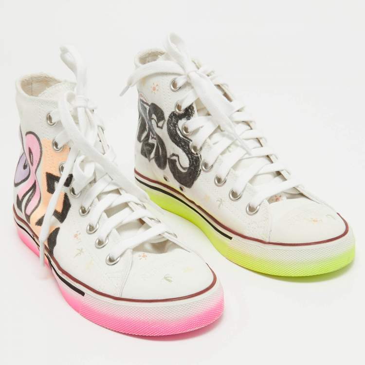 Pre Owned Vetements White Canvas Printed Hard Core Happiness High Top Sneakers Size 36.5