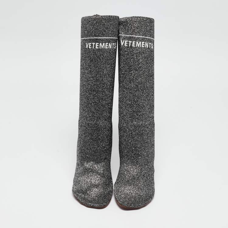 Pre Owned Vetements Silver Lurex Fabric Sock Ankle Boots Size 39