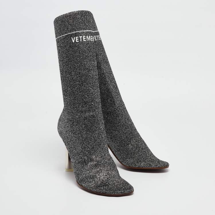 Pre Owned Vetements Silver Lurex Fabric Sock Ankle Boots Size 39
