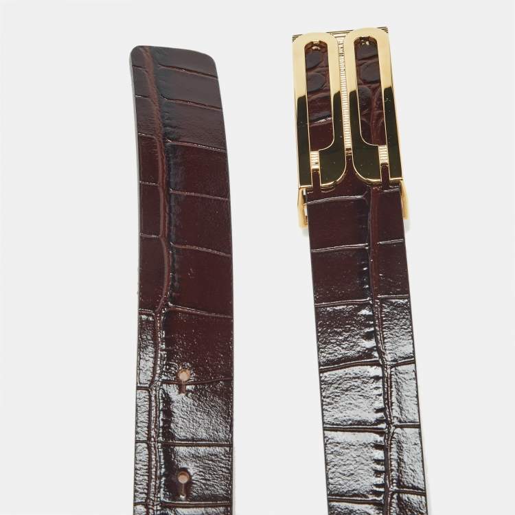 Pre Owned Victoria Beckham Brown Croc Embossed Leather Dorian Belt 70 CM
