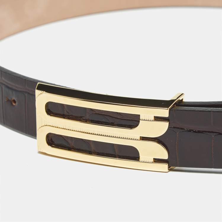 Pre Owned Victoria Beckham Brown Croc Embossed Leather Dorian Belt 70 CM
