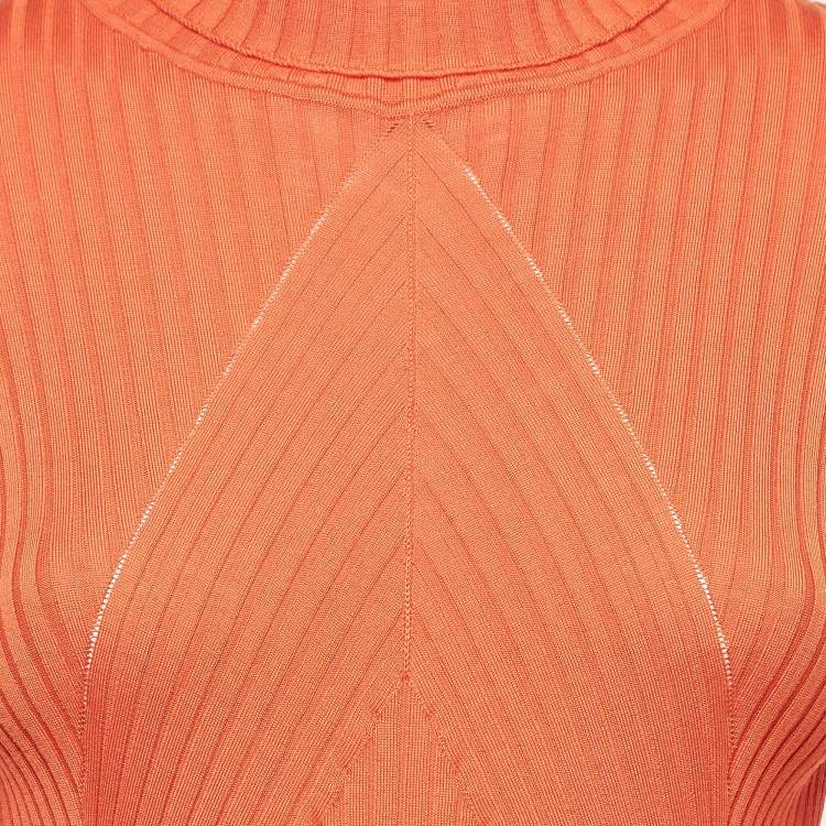Pre Owned Victoria Beckham Orange Rib Chevron Slim Polo Neck Top M