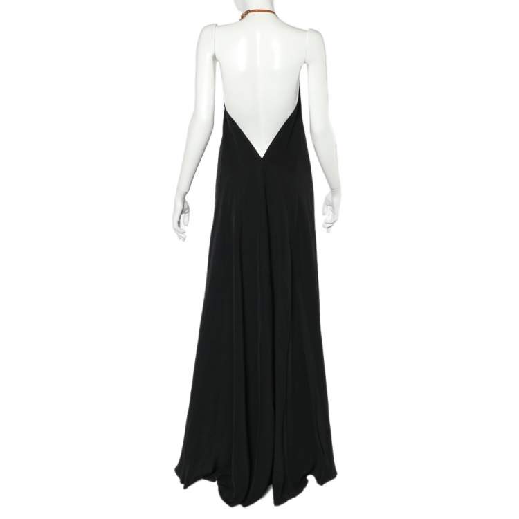 Pre Owned Victoria Beckham Black Crepe Leather Trim Halter Neck Flared Dress M