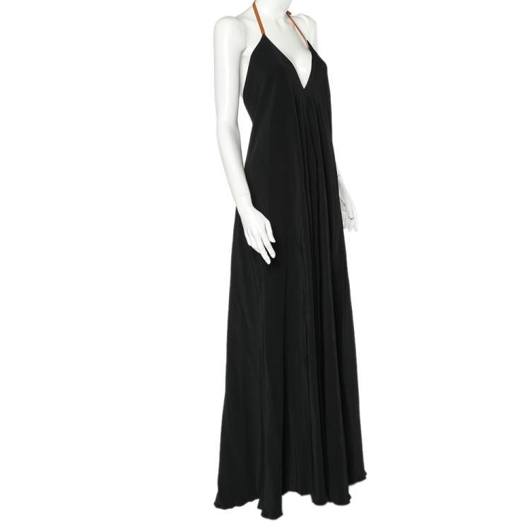 Pre Owned Victoria Beckham Black Crepe Leather Trim Halter Neck Flared Dress M
