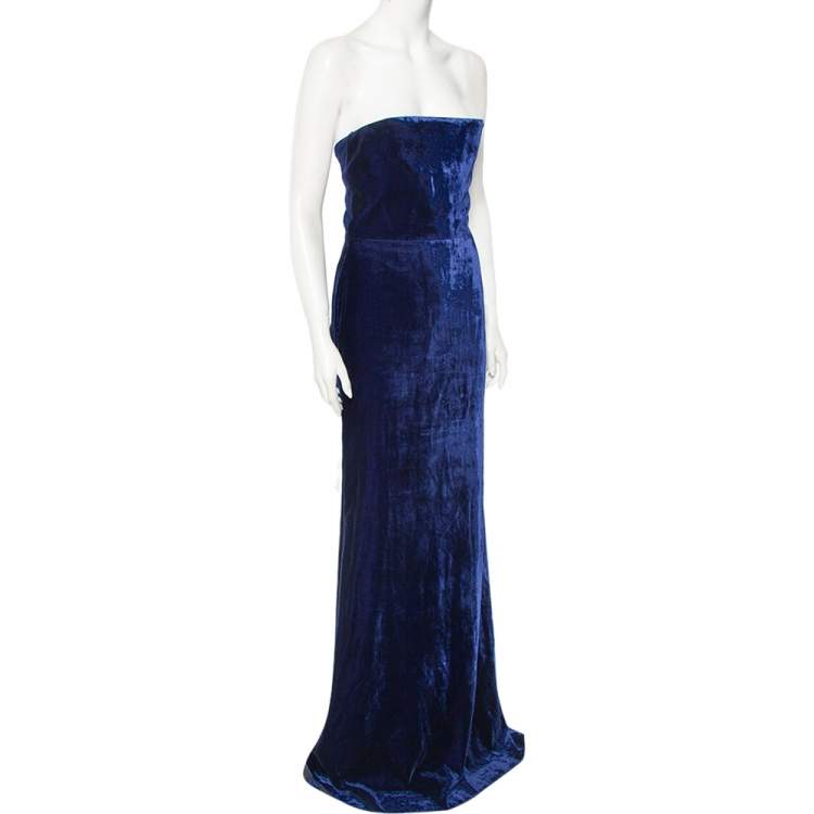 Pre Owned Victoria Beckham Navy Blue Velvet Corset Detail Strapless Gown M