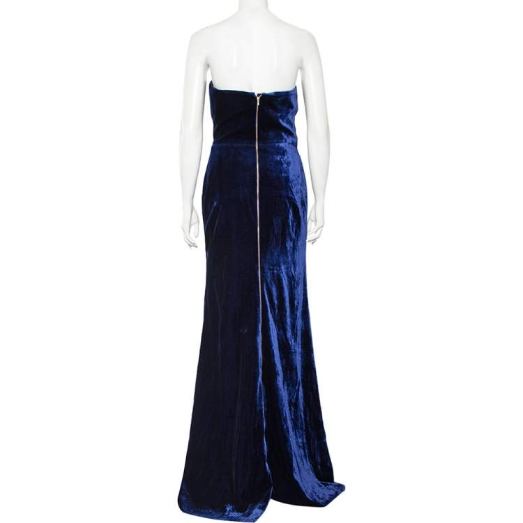 Pre Owned Victoria Beckham Navy Blue Velvet Corset Detail Strapless Gown M