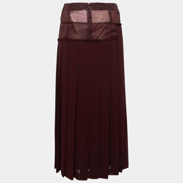 Pre Owned Victoria Beckham Burgundy Crepe Paneled Pleated Midi Skirt S