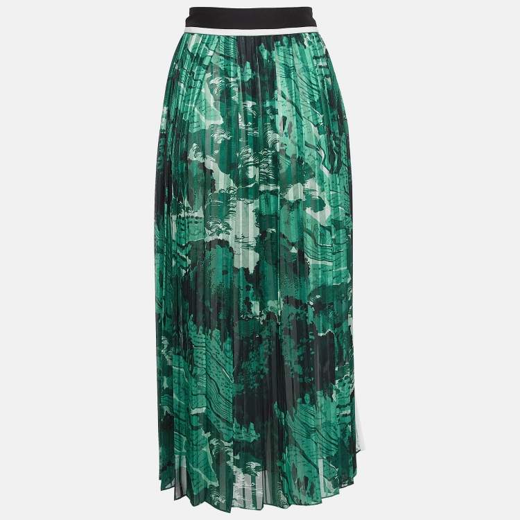 Pre Owned Victoria Beckham Green Crepe and Satin Plisse Midi Skirt M