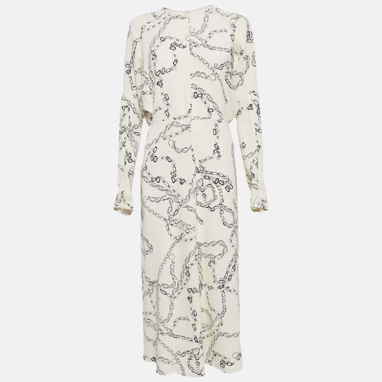 Pre Owned Victoria Beckham Off-White Chain Print Crepe Midi Dress M