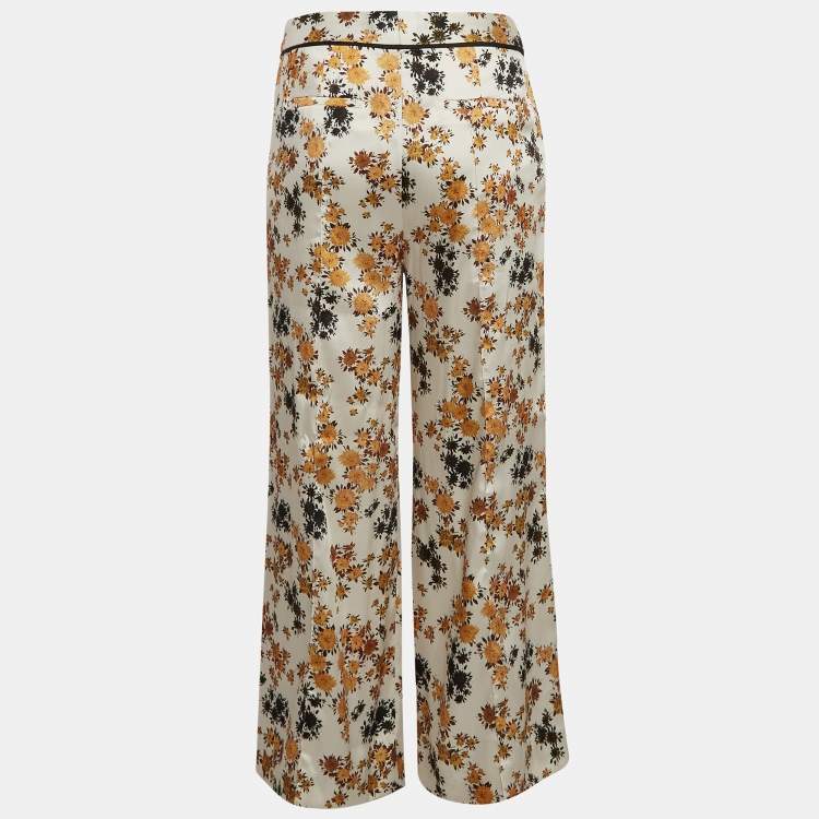 Pre Owned Victoria Victoria Beckham Off-White Floral Print Satin Trousers S
