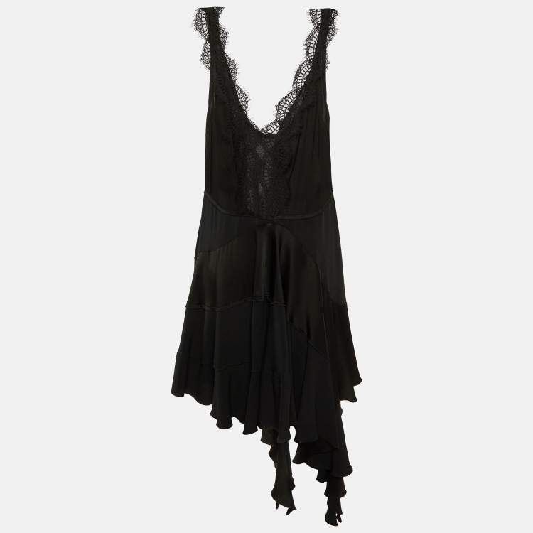 مملوكة مسبقًا Victoria Beckham Black Lace Trim Sateen Dropped Ruffle Mini Dress L