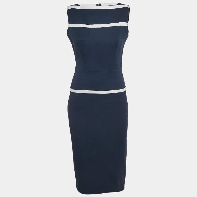 Pre Owned Victoria Beckham Navy Blue Basket Weave Cotton Midi Dress M