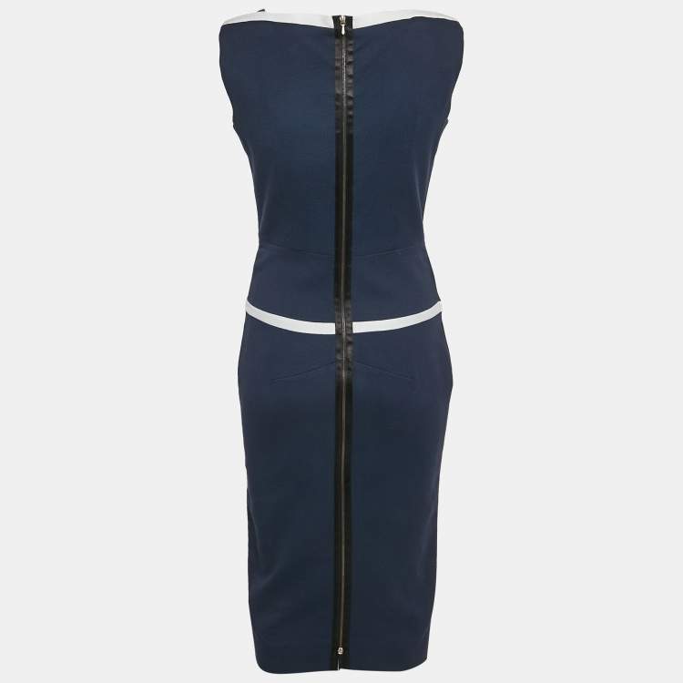 Pre Owned Victoria Beckham Navy Blue Basket Weave Cotton Midi Dress M