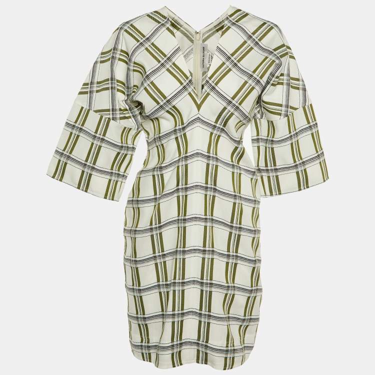 Pre Owned Victoria Beckham White Checked Canvas Plunge V-Neck Mini Dress M