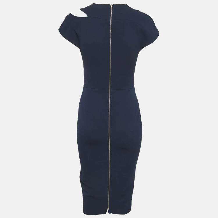 Pre Owned Victoria Beckham Navy Blue Silk Blend Cut-Out Shoulder Sheath Dress S
