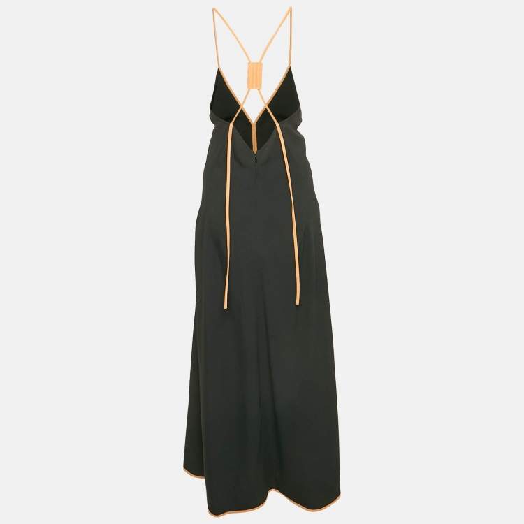 Pre Owned Victoria Beckham Black Leather Trim Crepe Midi Dress M