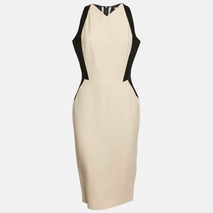 Pre Owned Victoria Beckham Cream and Black Silk and Wool Panel Detail Sleeveless Midi Dress M