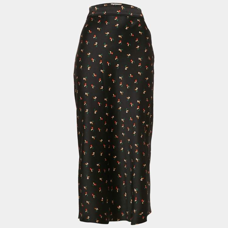 Pre Owned Victoria Beckham Black Floral Print Textured Satin Midi Skirt S