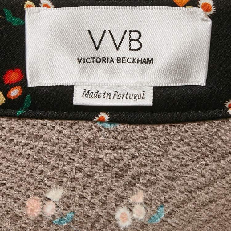 Pre Owned Victoria Beckham Black Floral Print Textured Satin Midi Skirt S
