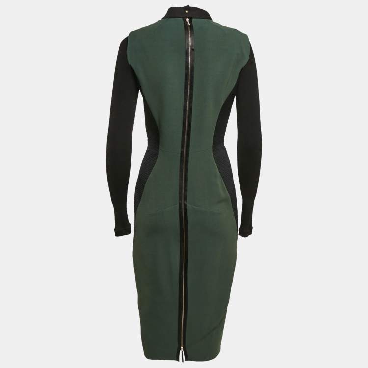 Pre Owned Victoria Beckham Green/Black Wool Blend Paneled Detail Bodycon Dress M