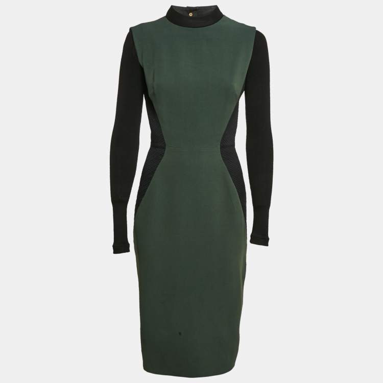 Pre Owned Victoria Beckham Green/Black Wool Blend Paneled Detail Bodycon Dress M
