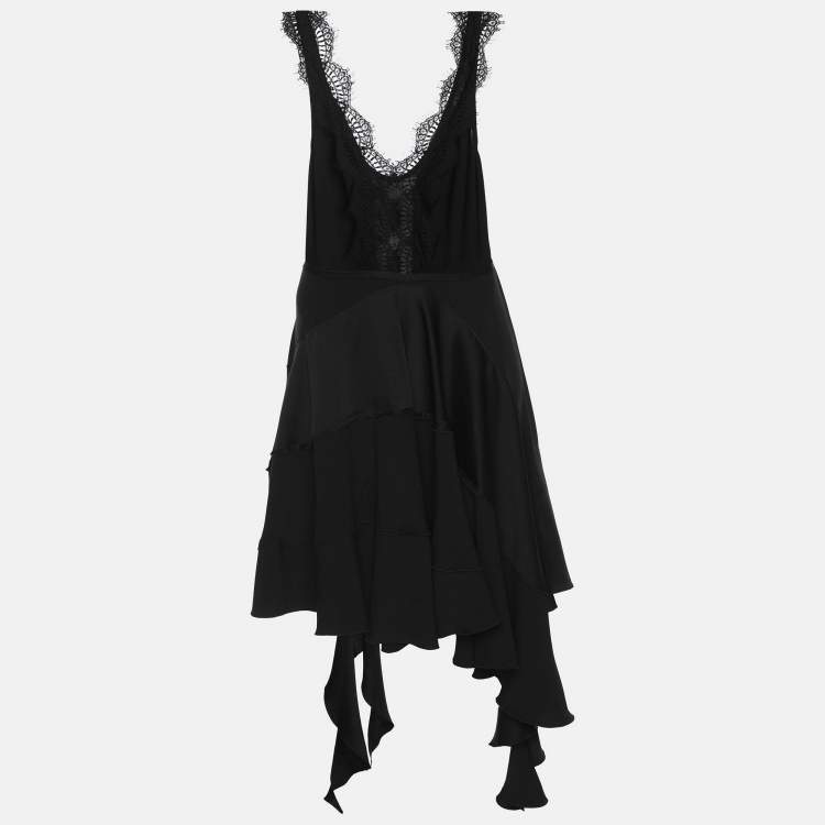 Pre Owned Victoria Beckham Black Crepe Ruffle Lace-Trim Mini Dress S