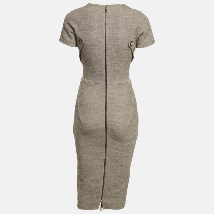Pre Owned Victoria Beckham Grey Wool Blend Sheath Midi Dress S 