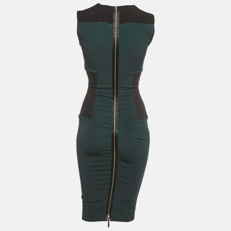 Pre Owned Victoria Beckham Green/Black Crepe Side Panel Sheath Midi Dress S 
