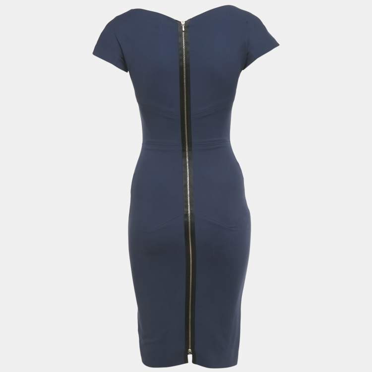 Pre Owned Victoria Beckham Navy Blue Cotton Blend Sheath Short Dress S