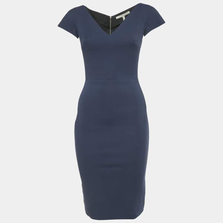 Pre Owned Victoria Beckham Navy Blue Cotton Blend Sheath Short Dress S
