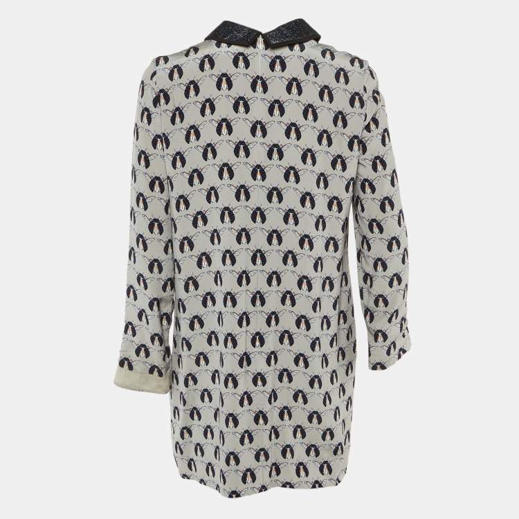 Pre Owned Victoria Beckham Grey Printed Shimmer Detachable Collar Silk Dress M