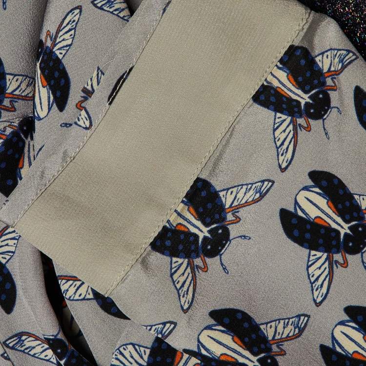 Pre Owned Victoria Beckham Grey Printed Shimmer Detachable Collar Silk Dress M