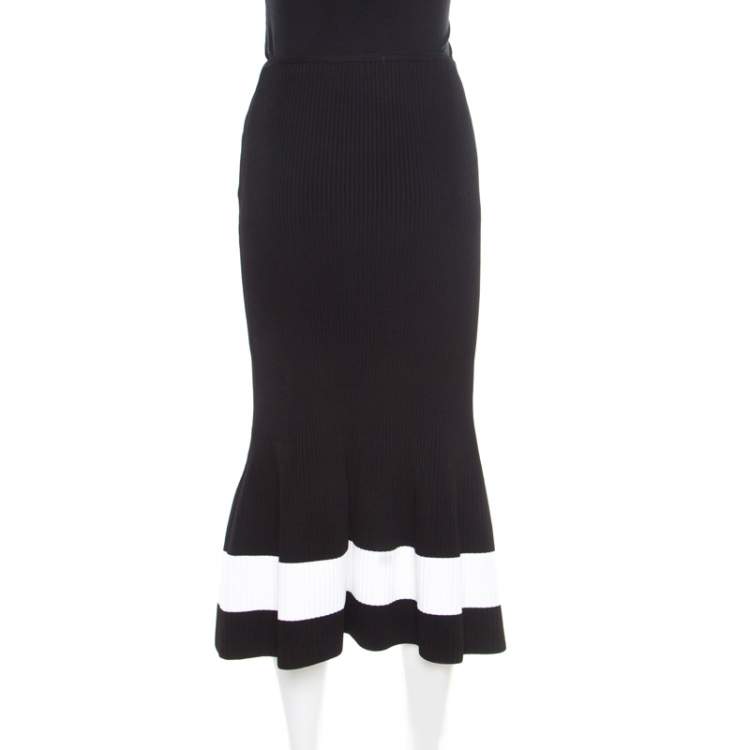 Pre Owned Victoria Beckham Black Contrast Stripe Detail Rib Knit Fluted Midi Skirt S