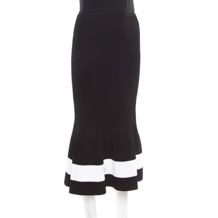 Pre Owned Victoria Beckham Black Contrast Stripe Detail Rib Knit Fluted Midi Skirt S