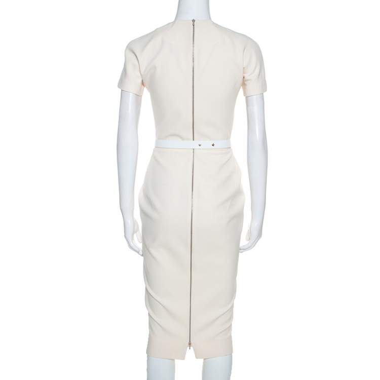 Pre Owned Victoria Beckham Cream Silk Wool Blend Belted Sheath Dress S