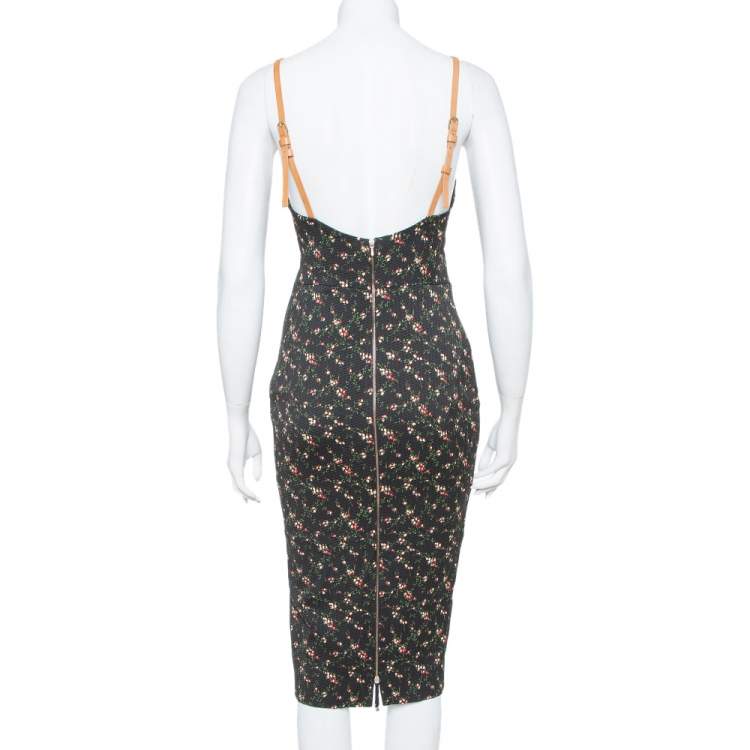 Pre Owned Victoria Beckham Black Floral Print Textured Leather Strap Detail Sheath Dress M