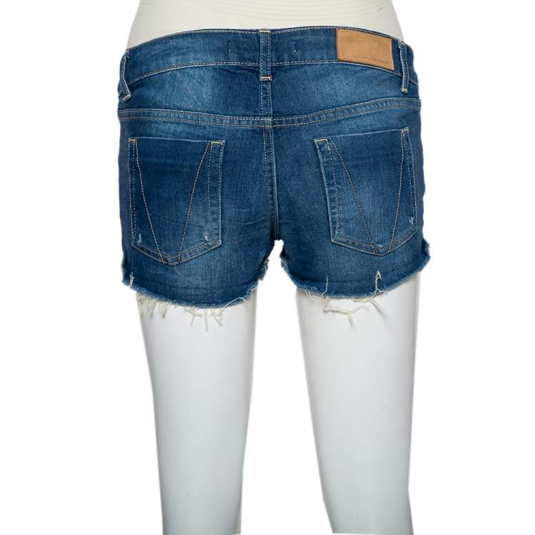Pre Owned Victoria Beckham Blue Denim Frayed Hem Boyfriend Shorts S