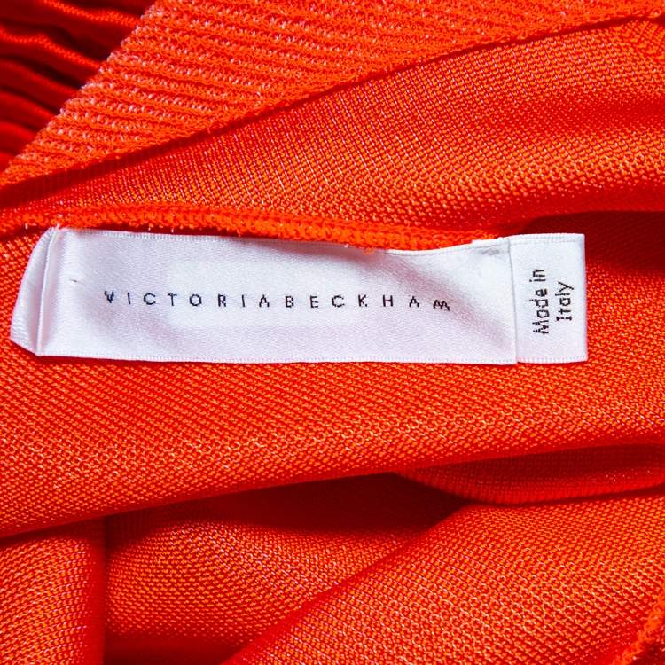 مملوكة مسبقًا Victoria Beckham Orange Mesh Knit Ruffle Detail Asymmetric Hem Midi Dress S