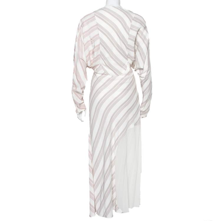 Pre Owned Victoria Beckham White Striped Silk & Chiffon Paneled Maxi Dress M