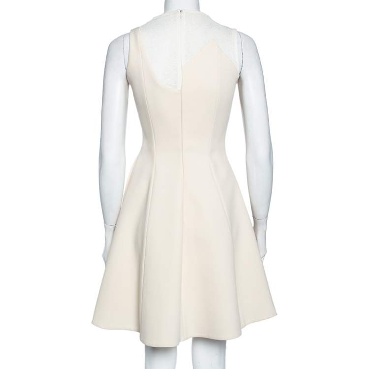 Pre Owned Victoria Beckham Cream Wool Crepe & Mesh Sleeveless Mini Dress S