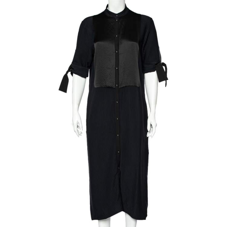 Pre Owned Victoria Victoria Beckham Black Striped Crepe Pintuck Detail Button Down Midi Dress M