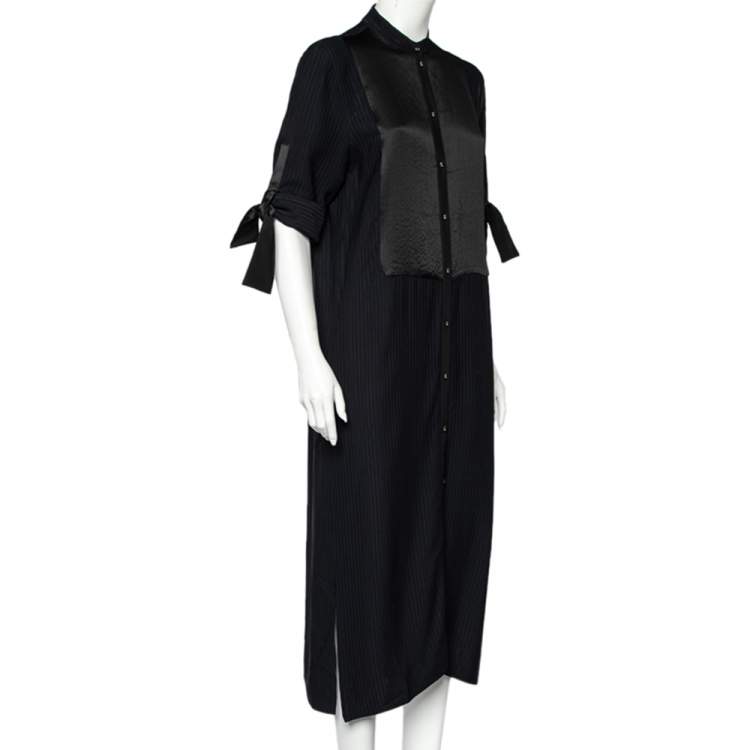 Pre Owned Victoria Victoria Beckham Black Striped Crepe Pintuck Detail Button Down Midi Dress M