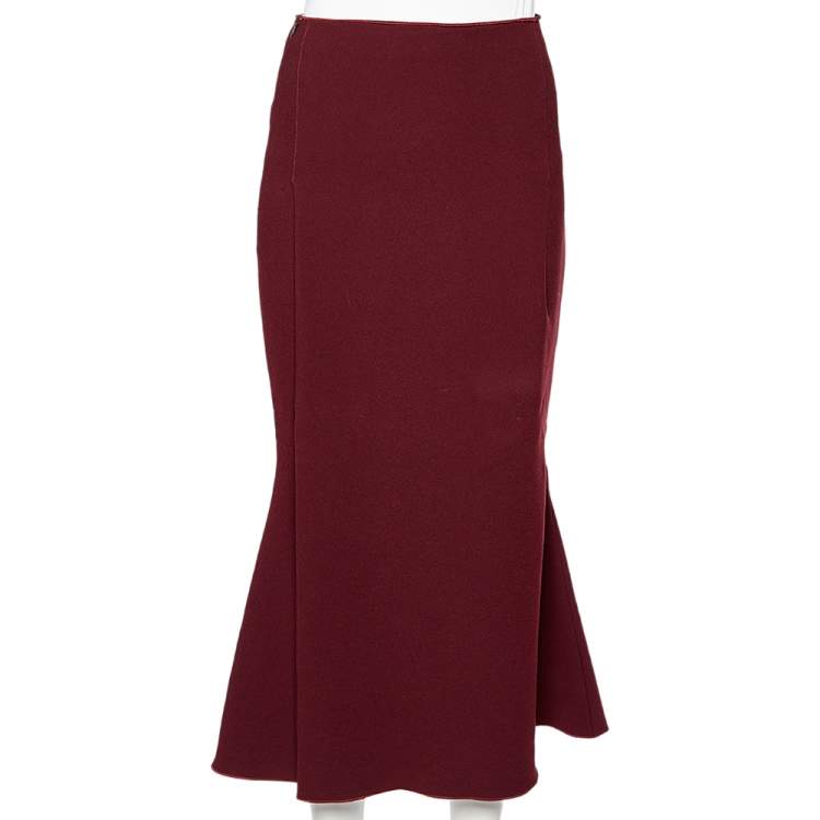 Pre Owned Victoria Beckham Burgundy Crepe Pleated Detail Midi Skirt M