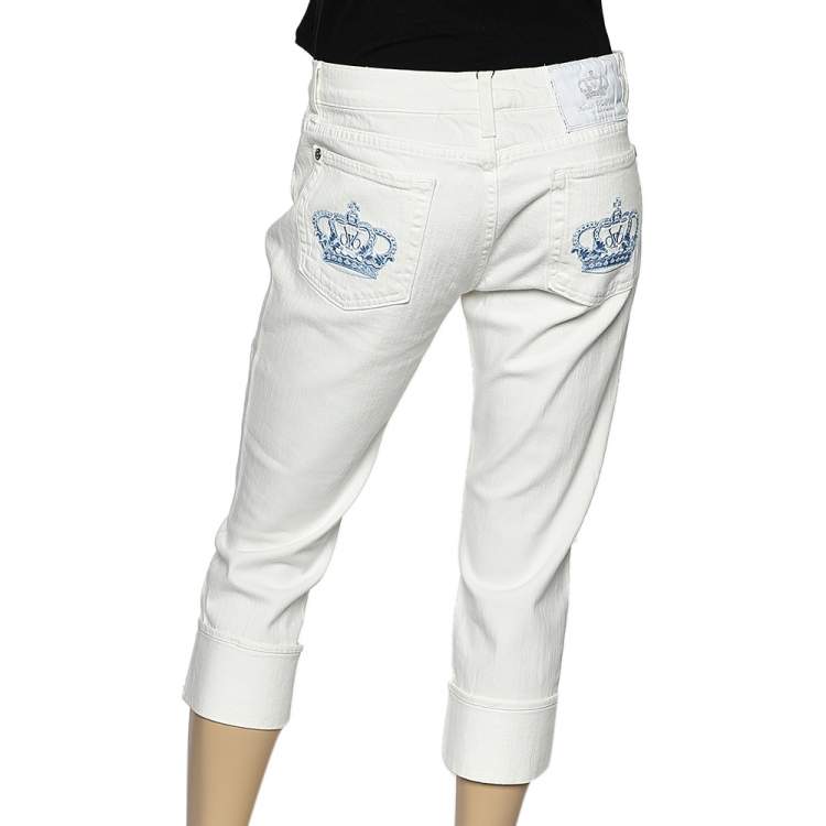 Pre Owned Victoria Beckham X Rock & Republic White Denim Crown Embroidered Capri Jeans M