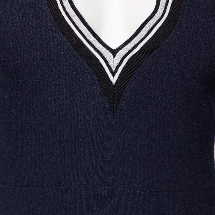 Pre Owned Victoria Beckham Navy Blue Wool V-Neck Mini Dress S 