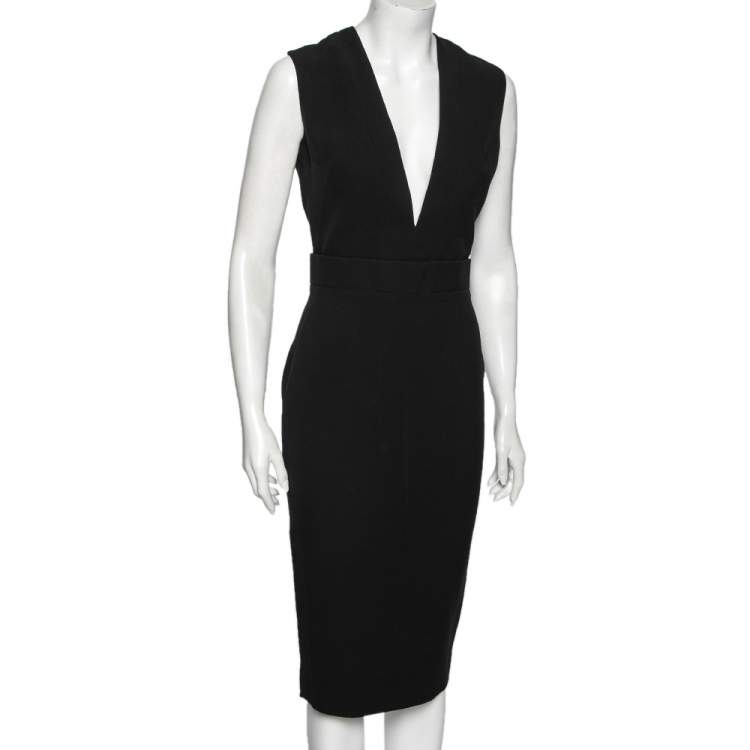 مملوكة مسبقًا Victoria Beckham Black Crepe Plunging Neck Sleeveless Midi Dress M