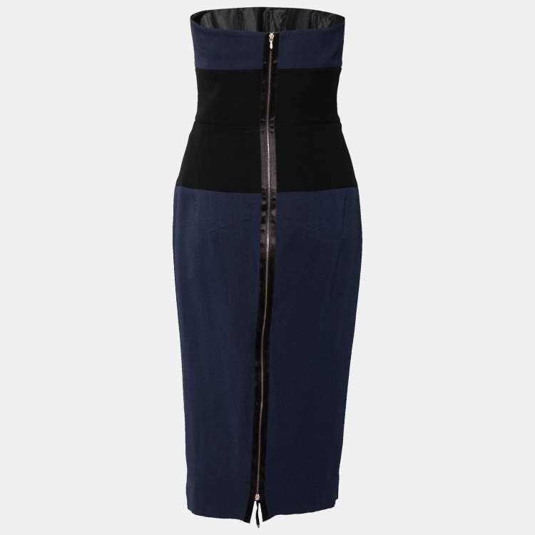 Pre Owned Victoria Beckham Navy Blue & Black Paneled Silk & Wool Strapless Dress L