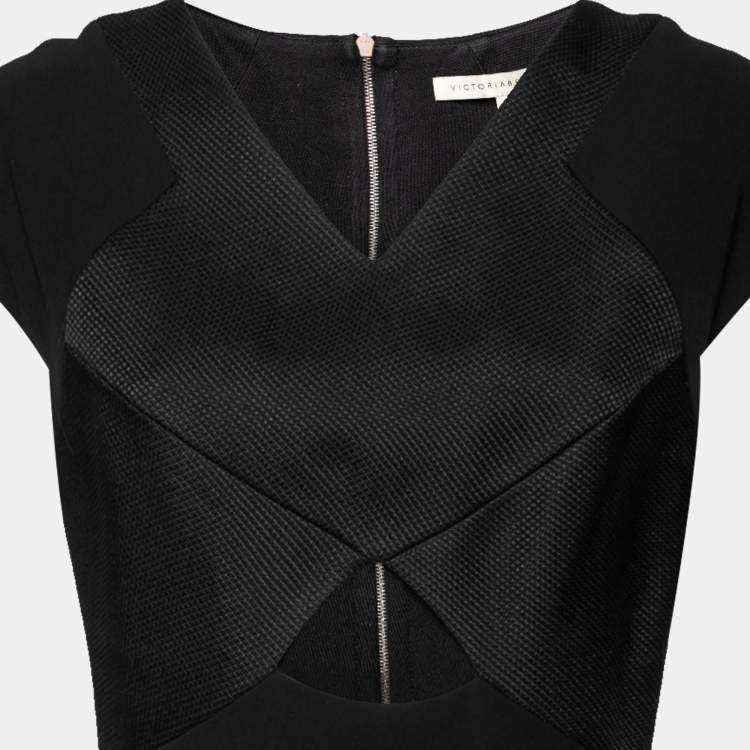 Pre Owned Victoria Beckham Black Textured Wool & Silk Cut-Out Detail Dress M