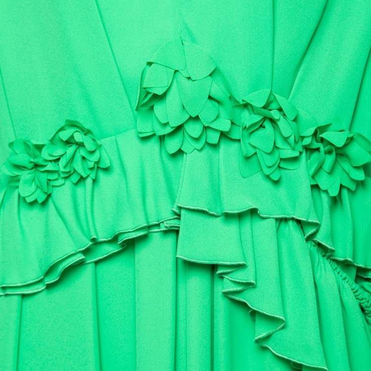 Pre Owned Victoria Beckham Green Floral-Applique Georgette Pleated Maxi Dress S